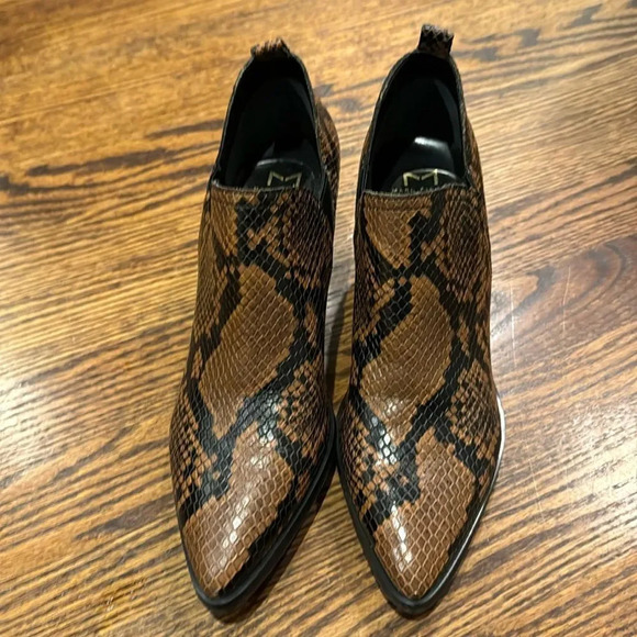 MARC FISHER Brown/Black Snake Skin Leather Pointed Toe Block Heel Booties Size 8 - Picture 2 of 7